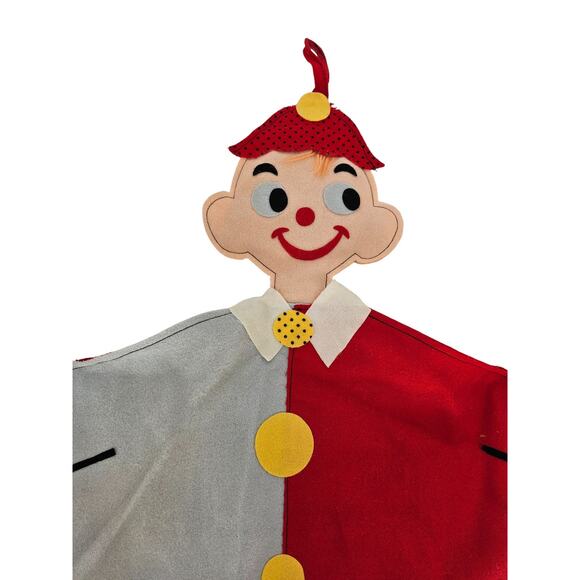 Vintage Handmade Felt Jester Clown Hanging Open Back Bag Red Gray Stocking - Picture 2 of 4